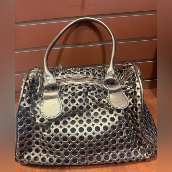Fashion Express Handbags - Elegant Metallic Satchel with Perforated Design
